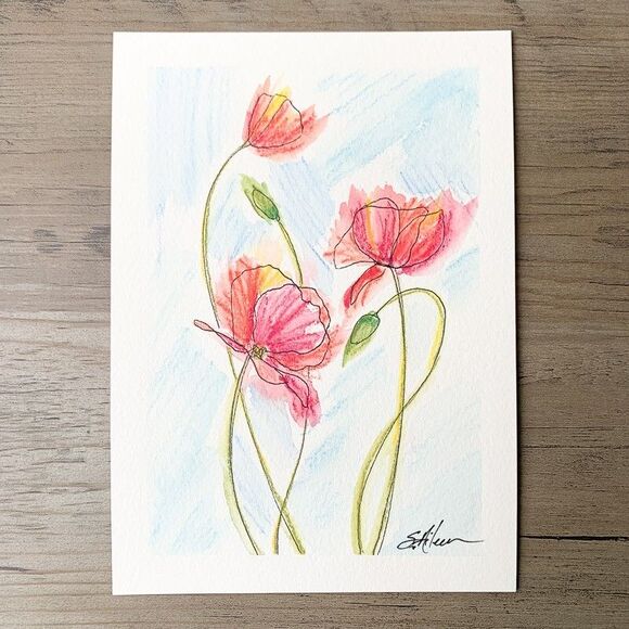 Watercolor Painting Expressive Floral Poppies Blue Sky Impressionist Signed 5x7 - Picture 2 of 2